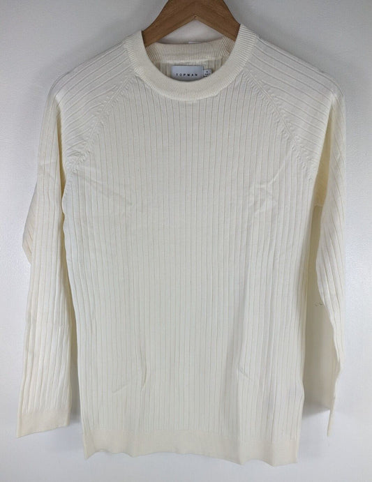 Cream Ribbed Long Sleeve Top, Topman Size M, Off White (T7) (M)