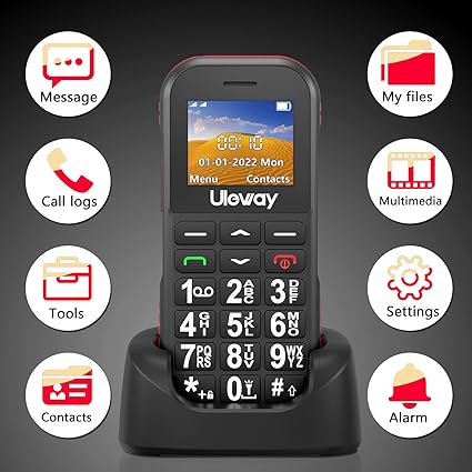 uleway Big Button Mobile Phone for Elderly, g190 Easy to Use Basic Mobile Phone, SIM Free Unlocked Senior Mobile Phone With SOS Emergency Button, Large Volume, Flashlight, FM Radio (Black (with dock)) (J)