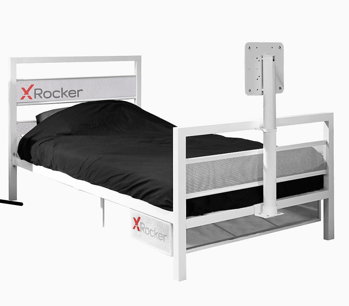 X Rocker Single 3ft Gaming Bed Frame TV Mount Metal White Storage Shelf Basecamp (R52)