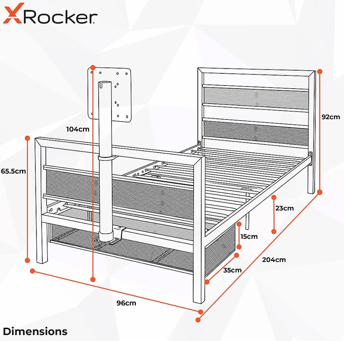 X Rocker Single 3ft Gaming Bed Frame TV Mount Metal White Storage Shelf Basecamp (R52)