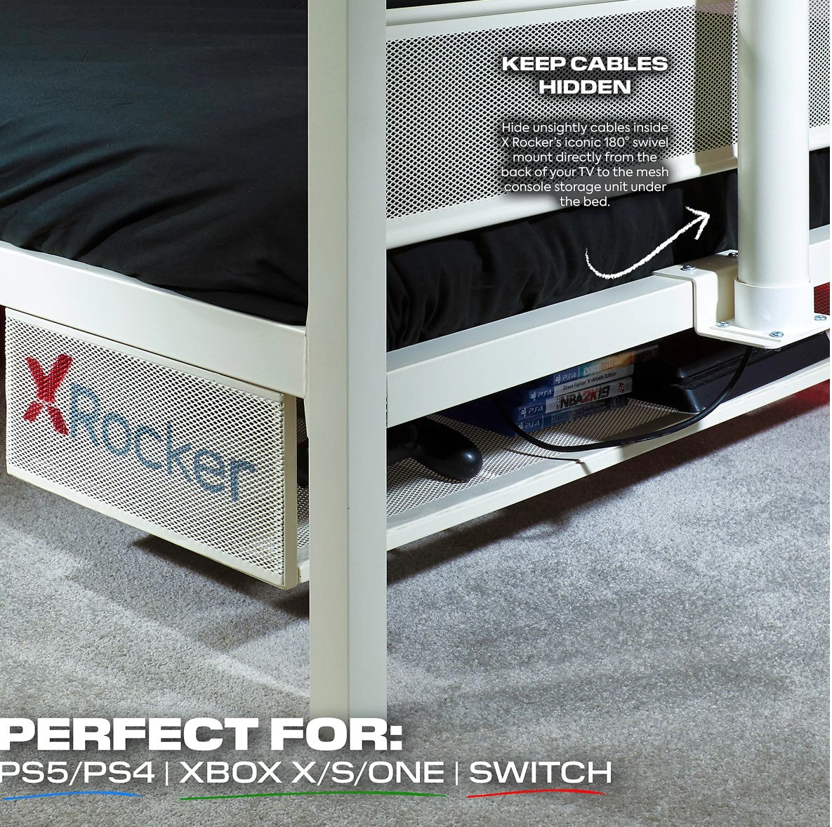 X Rocker Single 3ft Gaming Bed Frame TV Mount Metal White Storage Shelf Basecamp (R52)