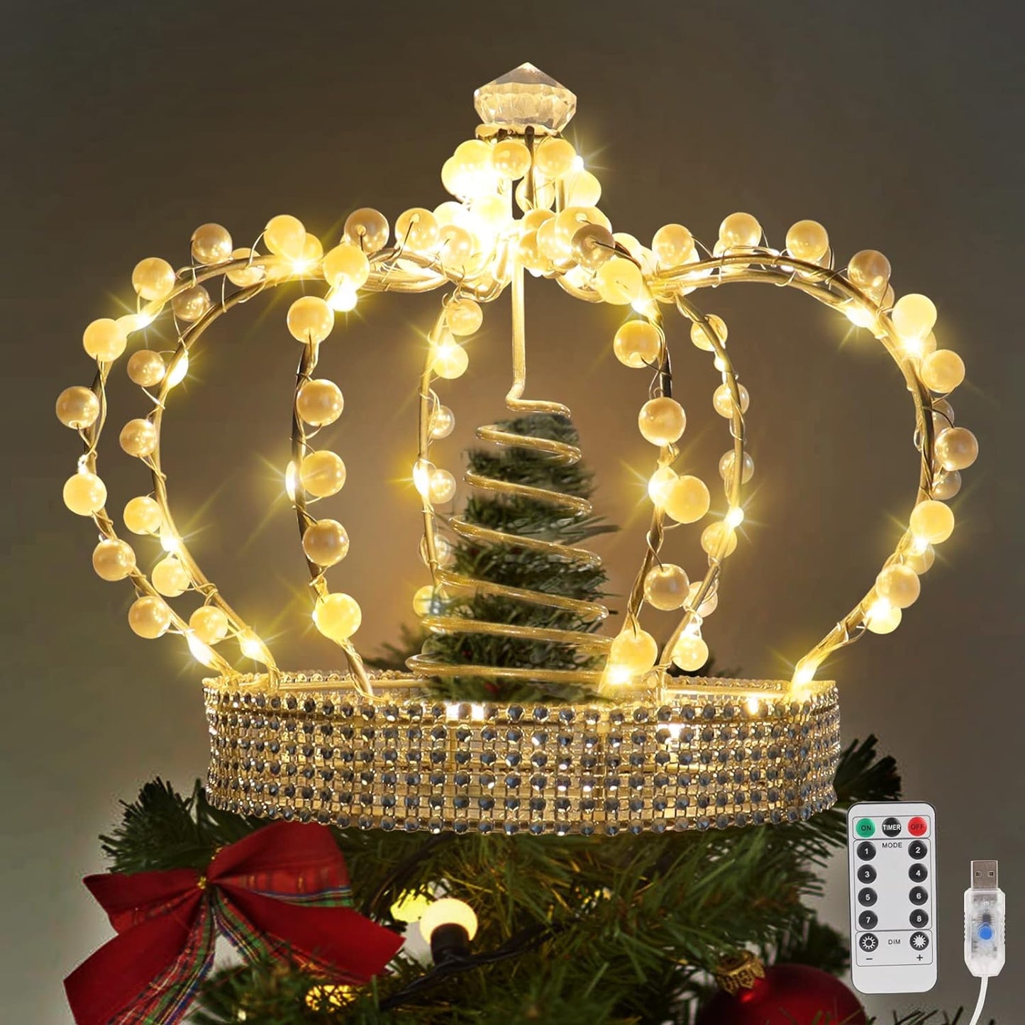 Crown Christmas Tree Top with 6 Sets of Hang-Down Lights Clear Wire (J)