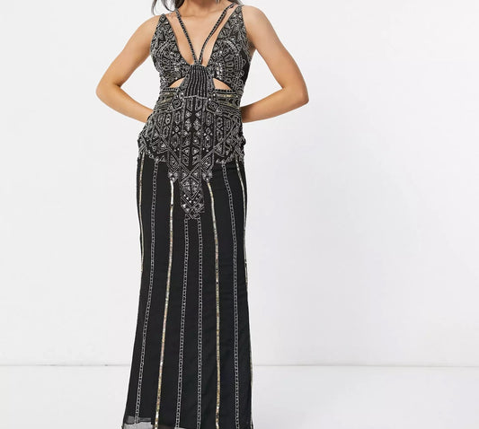 Cami Embellished Maxi Dress in Gold & Black UK 12 (H)