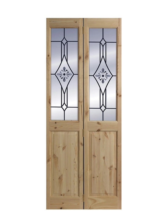 4 Panel 2 Lite Frosted Glazed Knotty Pine Internal Bi-fold Door Set (H)2005mm (W)715mm (R78)