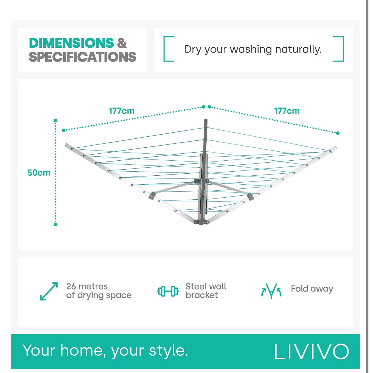 LIVIVO Retractable Wall Mounted Washing Line - 5 Arm Indoor/Outdoor Folding Clothes Airer (R50)