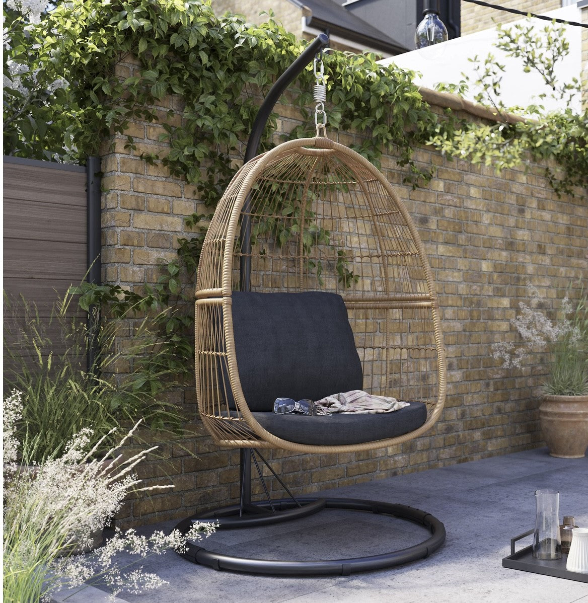 Brown & Black Rattan Effect Hanging Egg Chair (R36)