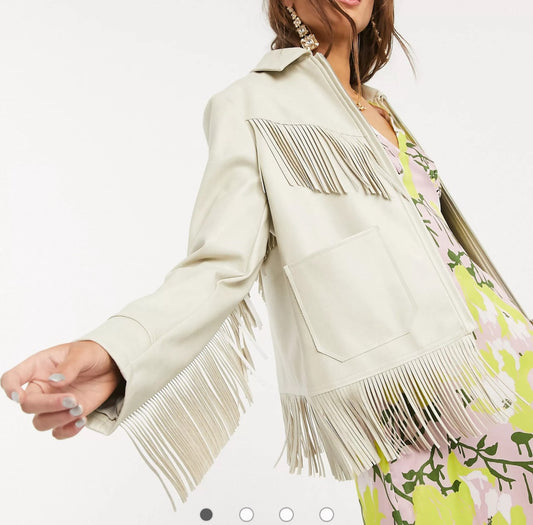 Topshop fringed faux leather jacket in ecru Cream UK 10 (R135) (L)