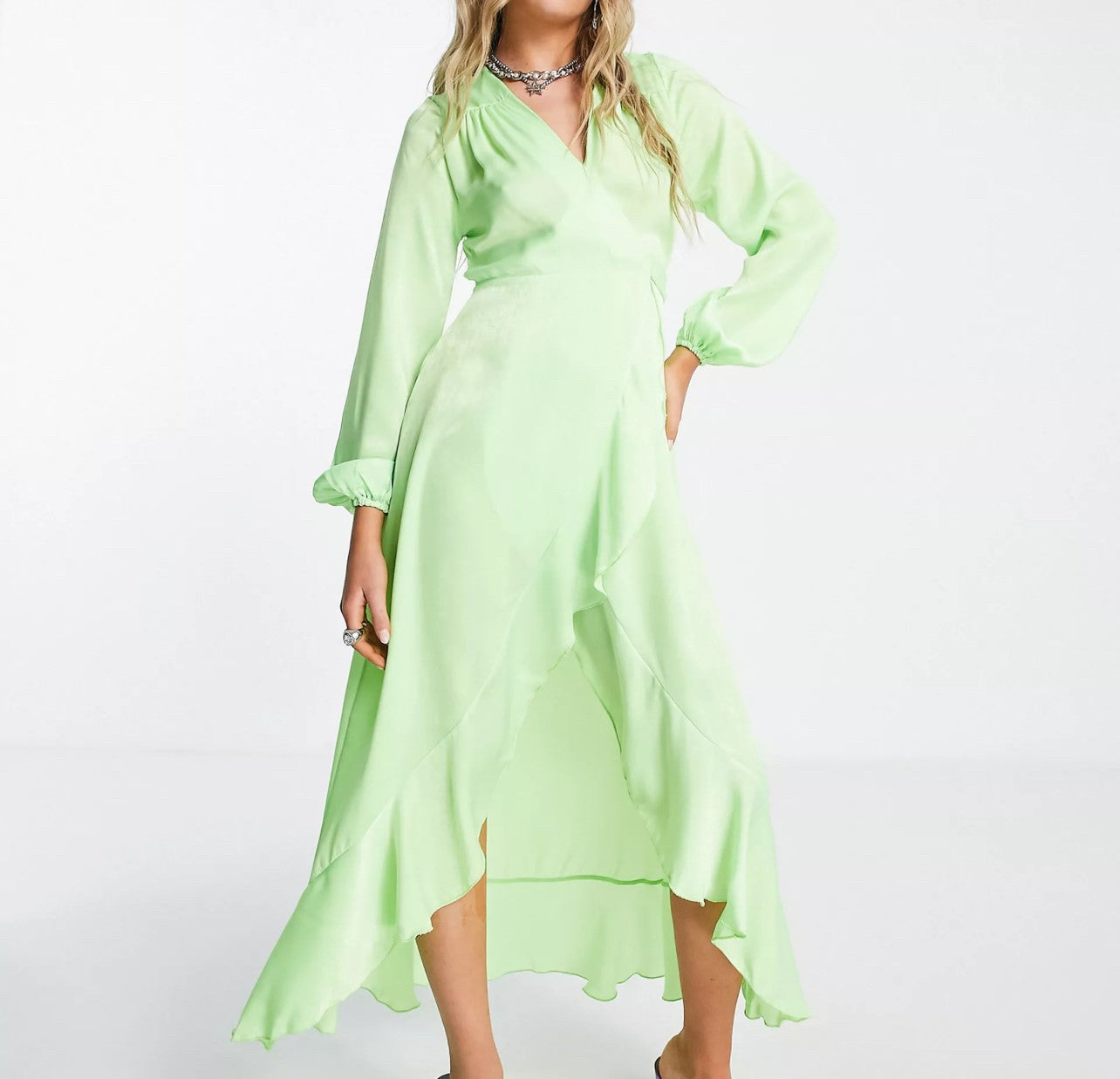 Flounce London satin long sleeve wrap maxi dress in bright lime UK 12 (H)