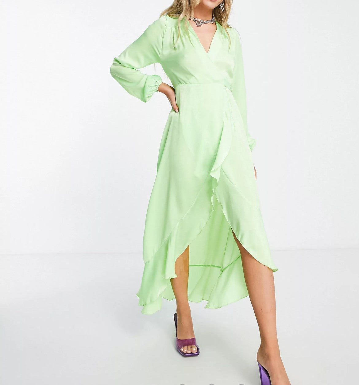 Flounce London satin long sleeve wrap maxi dress in bright lime UK 12 (H)