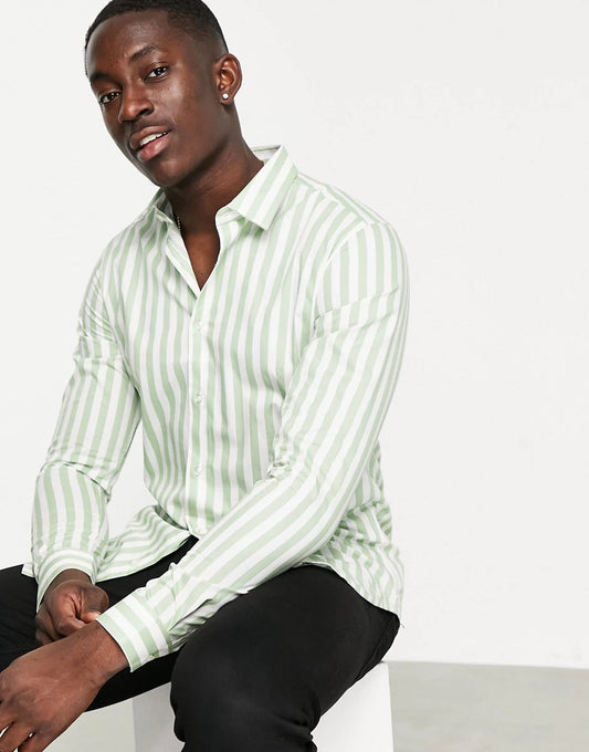 Devil's Advocate slim fit cotton sage green striped french shirt XS (T10) (M)