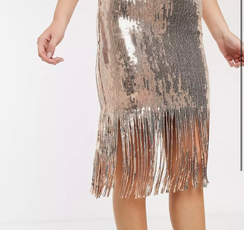 Goddiva sequin midi dress with tassel drop hem in rose gold UK14 (S67) (M)