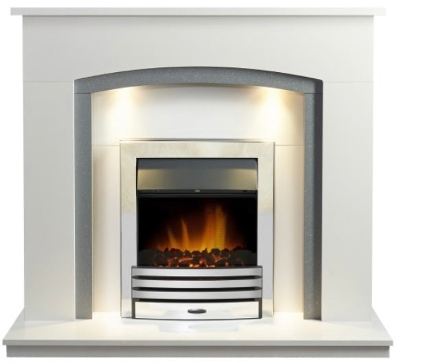 Adam Savanna Fireplace in Pure White & Grey with Downlights & Eclipse Electric Fire in Chrome, 48 Inch (S346)