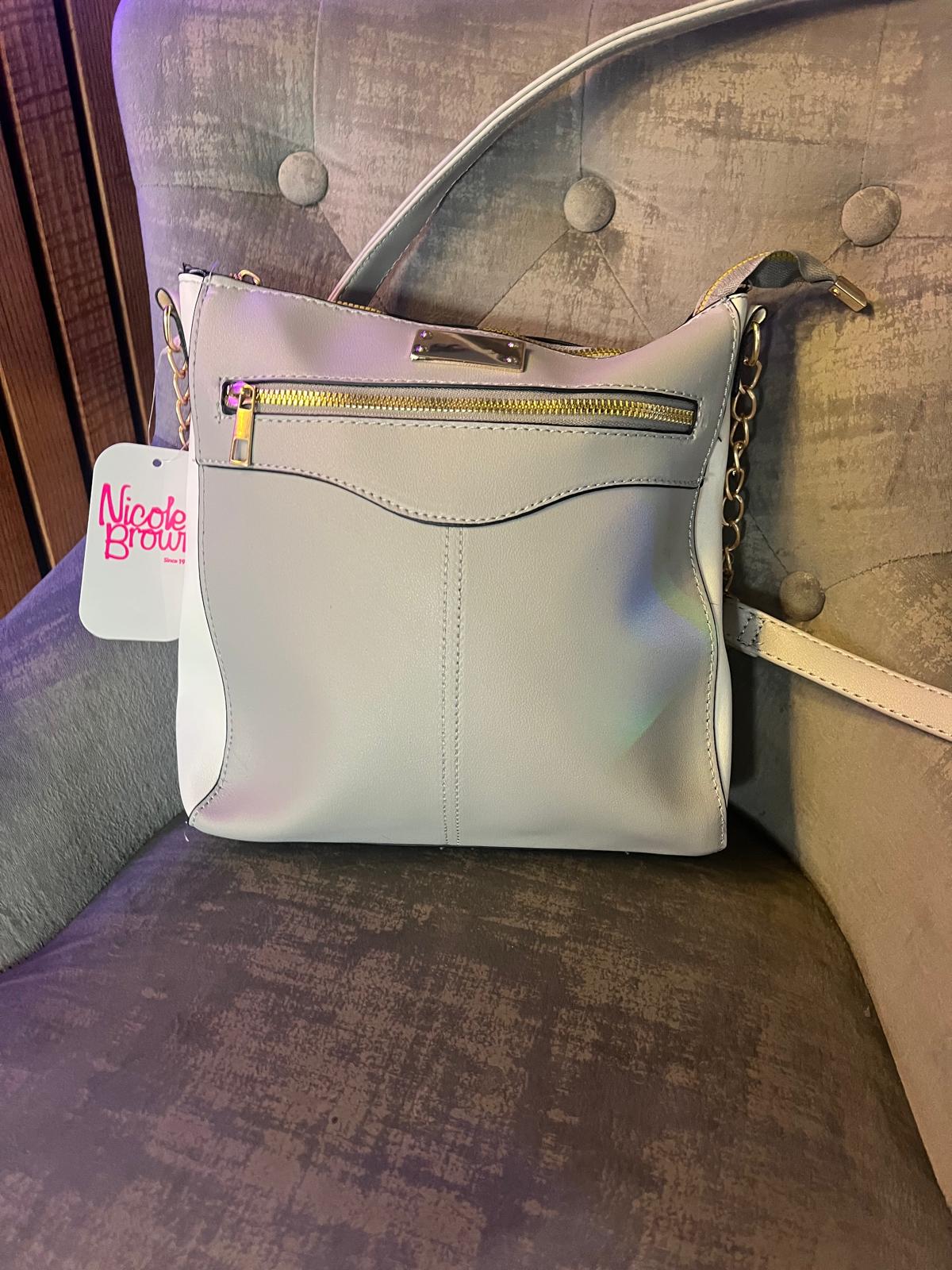 Nicole Brown Over The Shoulder HandBag In Grey And White With Gold Chain Detail (B8)