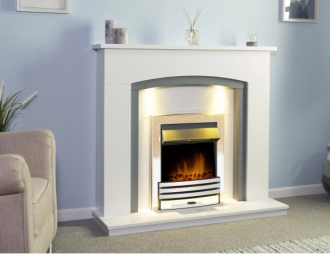 Adam Savanna Fireplace in Pure White & Grey with Downlights & Eclipse Electric Fire in Chrome, 48 Inch (S346)