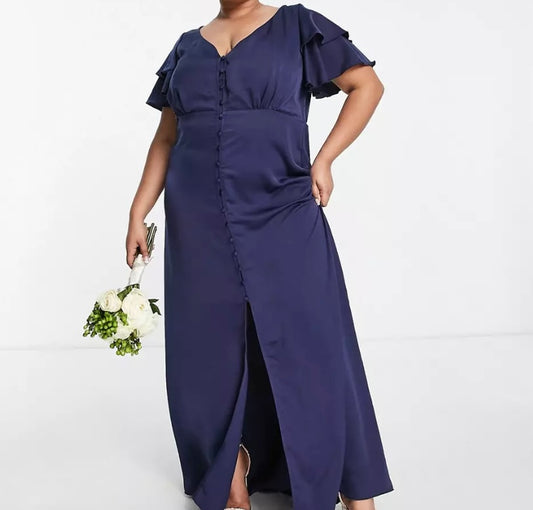 Little Mistress Plus Bridesmaid satin dress / flutter sleeves in navy (S52) (M)