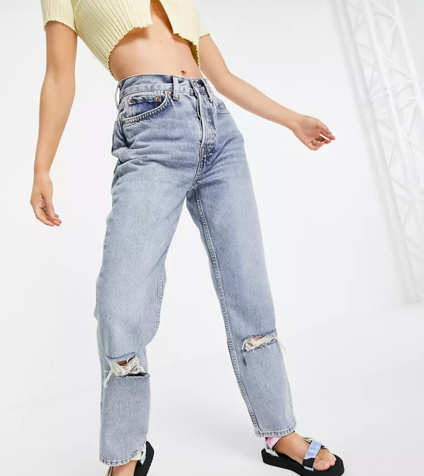 Topshop Petite Dad jeans with knee rips in bleach UK 10 (S30) (M)