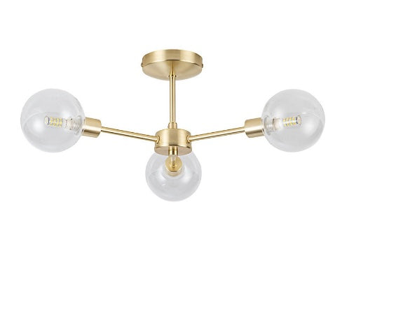 Toner - Satin Brass with Clear Glass Globes 3 Light Flush Ceiling Light (S344)