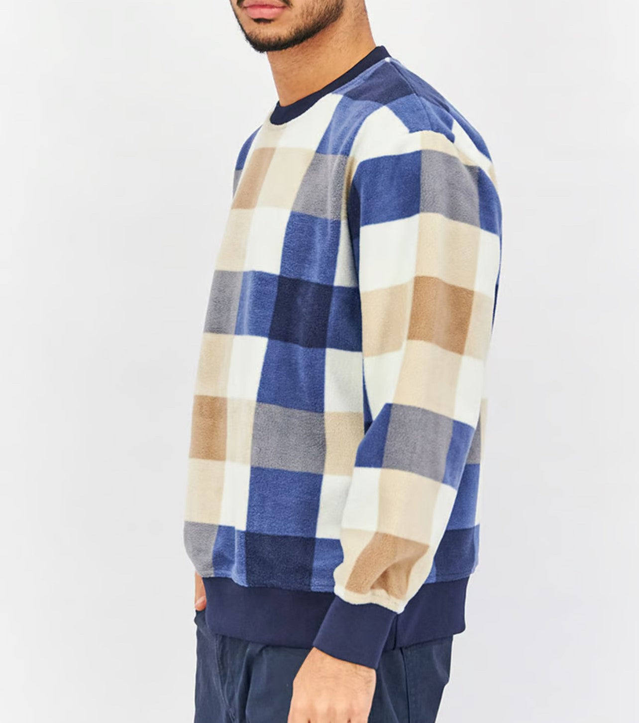 Men Crew Neck Long Sleeve Plaid Sweater, Navy & Tan & White Combo (R136) (L)