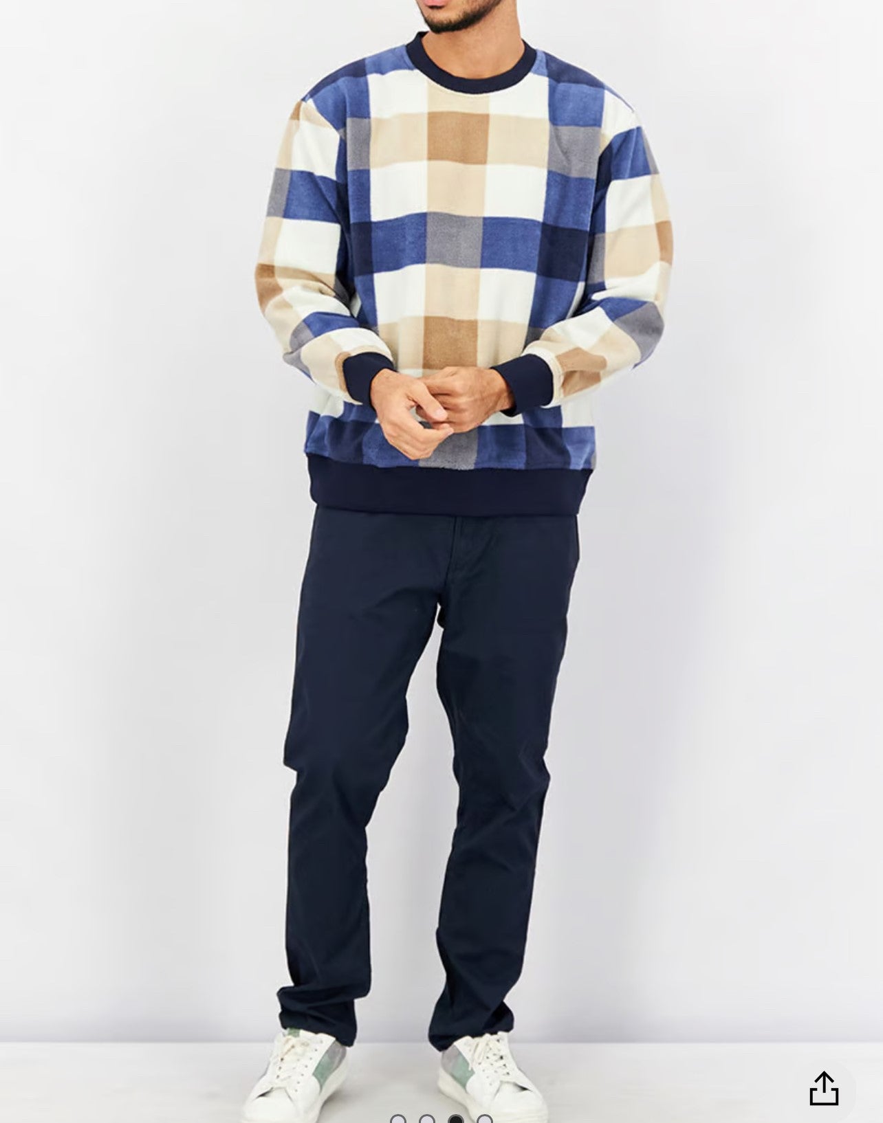 Men Crew Neck Long Sleeve Plaid Sweater, Navy & Tan & White Combo (R136) (L)