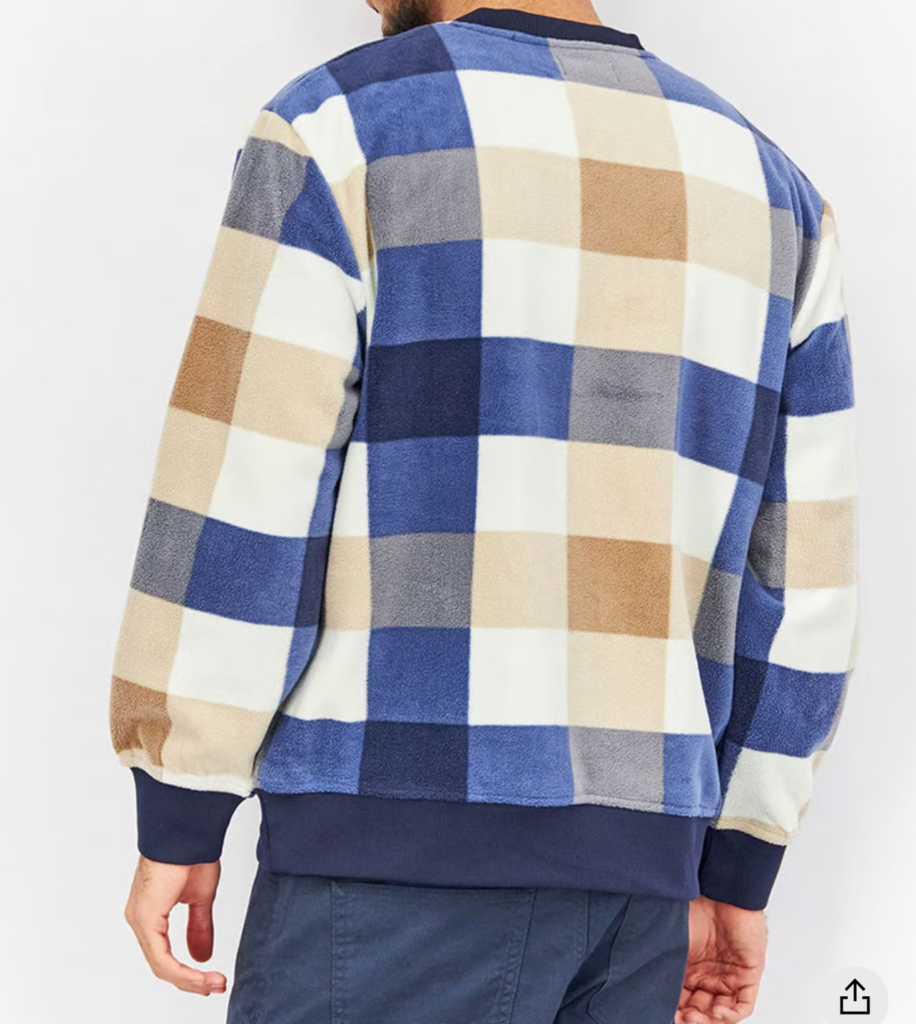 Men Crew Neck Long Sleeve Plaid Sweater, Navy & Tan & White Combo (R136) (L)