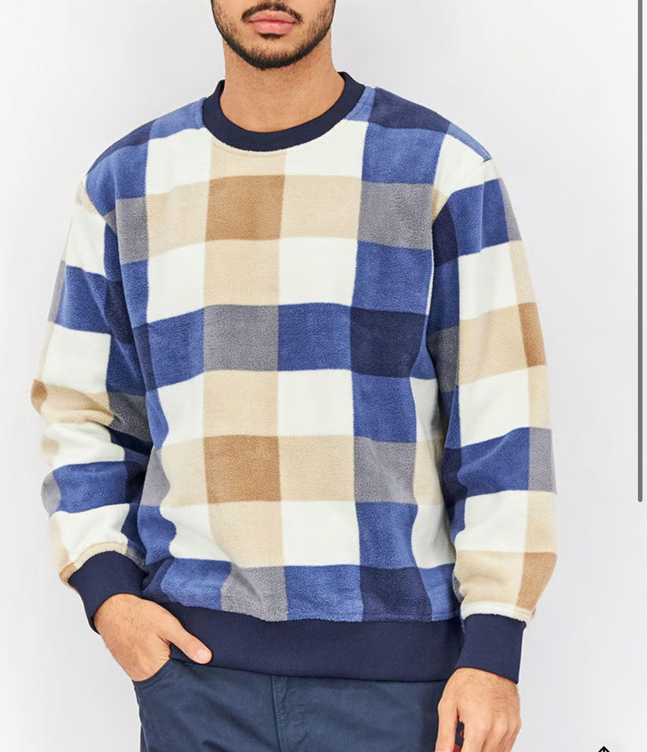 Men Crew Neck Long Sleeve Plaid Sweater, Navy & Tan & White Combo (R136) (L)