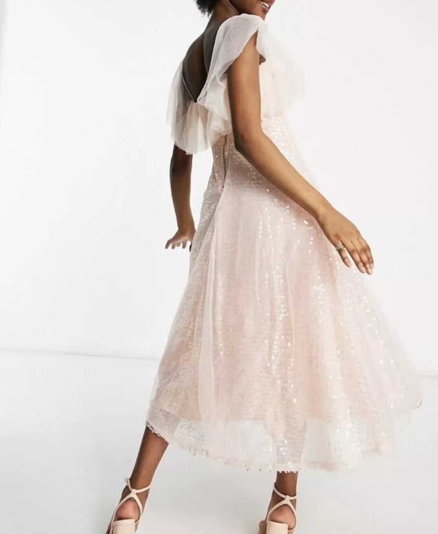 Forever U Organza Bardot Midi Dress In Pink Sequin UK 8 (R127) (H)