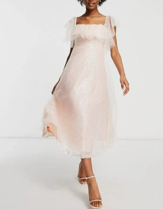 Forever U Organza Bardot Midi Dress In Pink Sequin UK 8 (R127) (H)