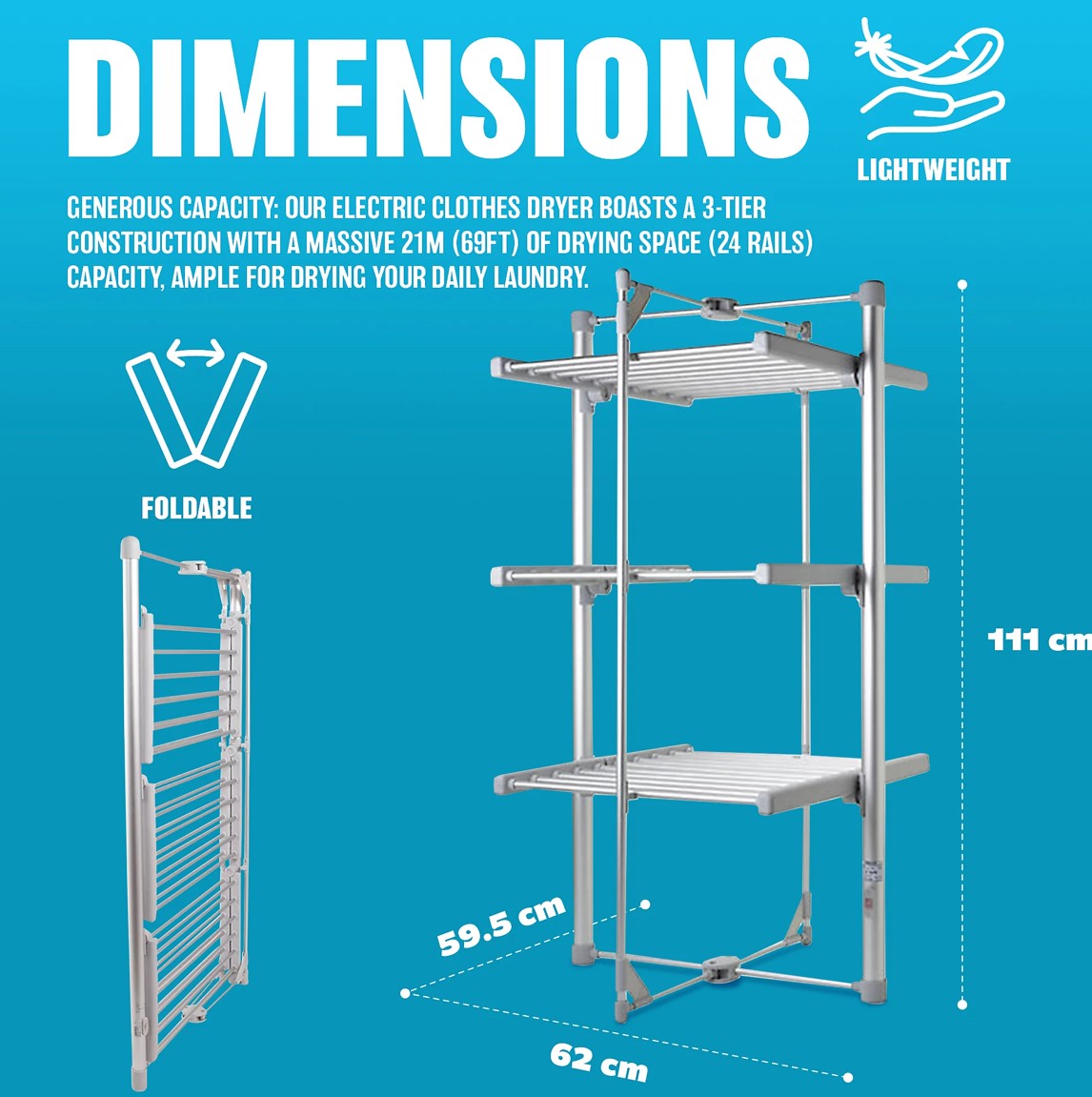 Electric Heated Clothes Airer 3 Tier - 24 Rails 111cm 220w (R89)