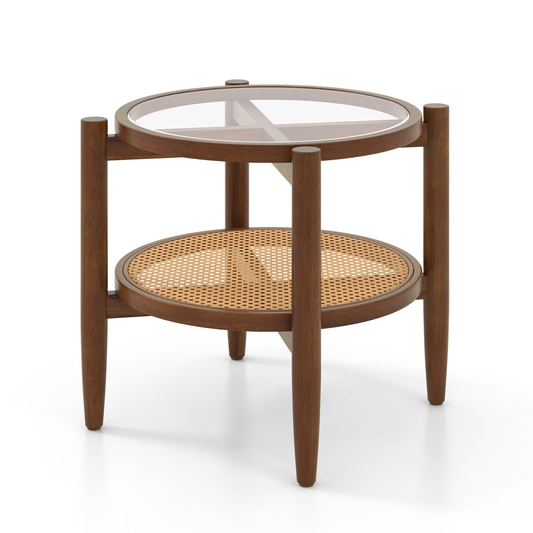 2-Tier PE Rattan round Side End Table with Tempered Glass Tabletop (R139)